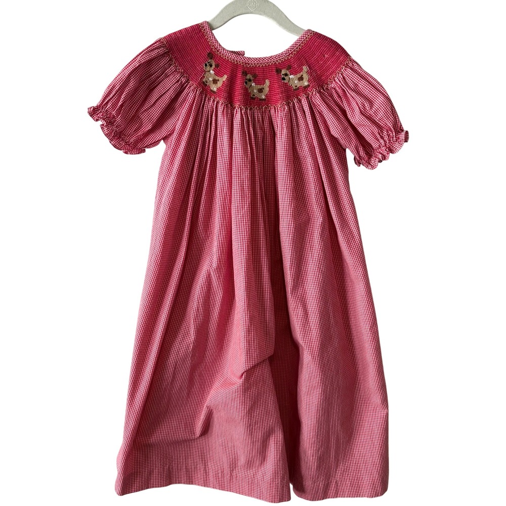 Royal Child Red and White Check Short Sleeve Dog Smocked Neck Dress in Size 6X